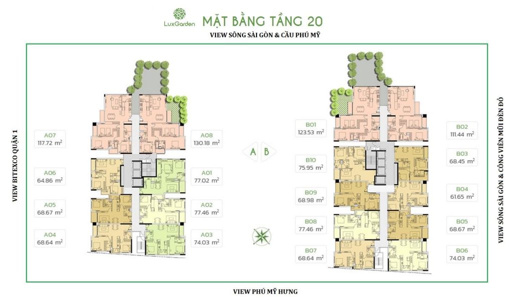 Tầng 17 trở lên đến Tầng 25 được thiết kế theo kiểu giật tầng. Mỗi tầng đều có 1 căn hộ có sân vườn riêng & Khu sân vườn chung cho tất cả các căn hộ tại Tầng.