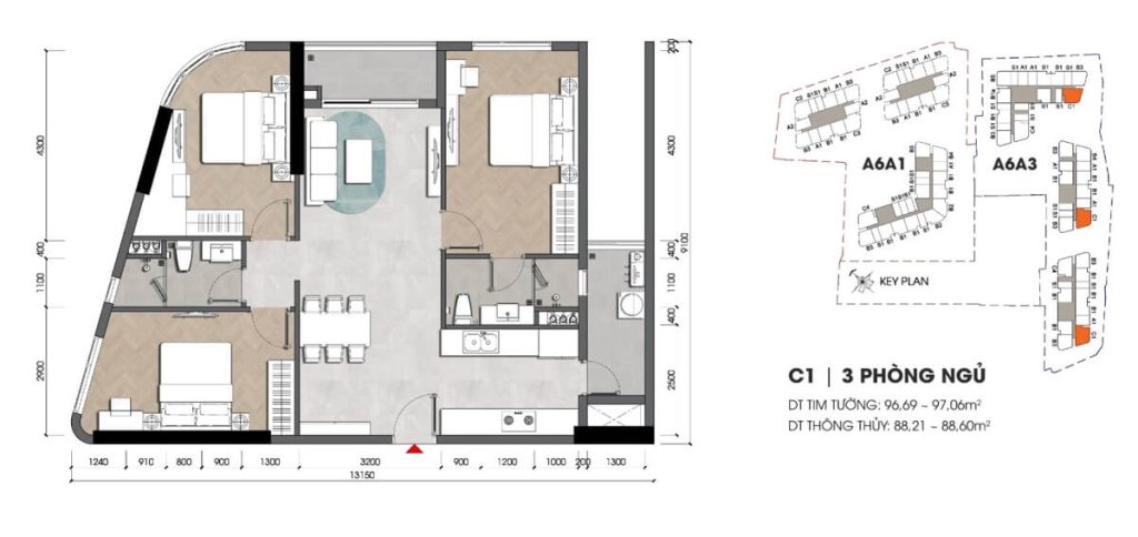 Thiết kế căn hộ 3PN mẫu C1